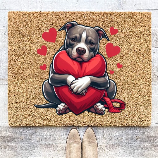 Cute Pitbull Holding a Heart Cartoon Coir Doormats