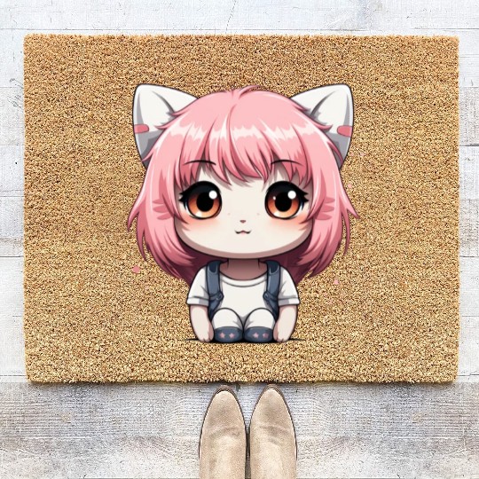 kawaii cat face with cat head Coir Doormats