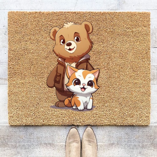 cute kitty cat and teddy bear in cartoon style Coir Doormats