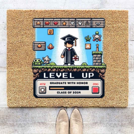 Pixel Perfect Grad: Level Up - Class of 2024 Coir Doormats