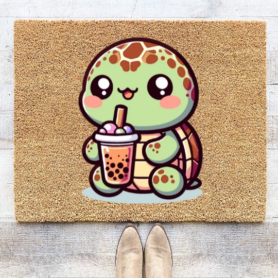 Kawaii Turtle Bubble Tea Lover Cute Sea Turtle Coir Doormats