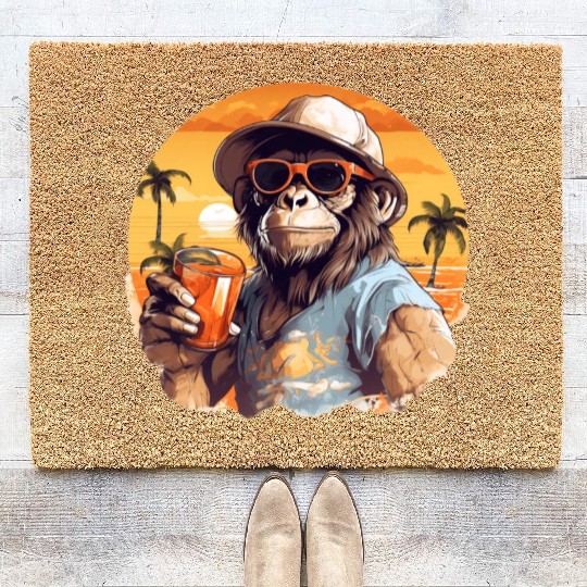 Cool Monkey With Drink Funny Animals Chimpanzee Coir Doormats