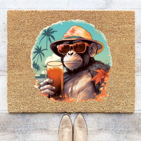 Cool Monkey With Drink Funny Animals Chimpanzee Coir Doormats