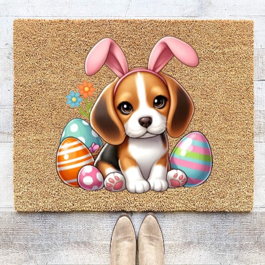 Beagle with bunny ears and easter eggs Coir Doormats