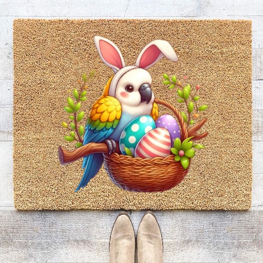Easter parrot with bunny ears Easter eggs Coir Doormats