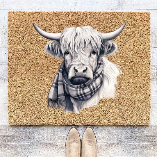 Adorable Highland Cow Wearing a Scarf Coir Doormats