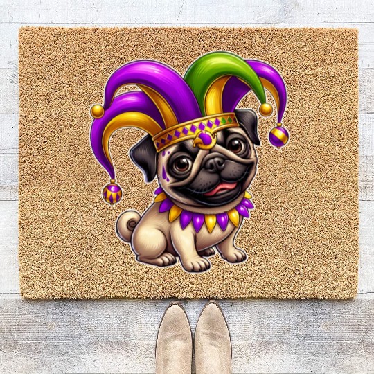 Mardi Gras Pug with Jester Hat Coir Doormats
