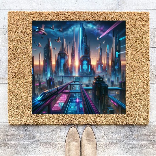 Future Metropolis Neon Cityscape at Night Coir Doormats