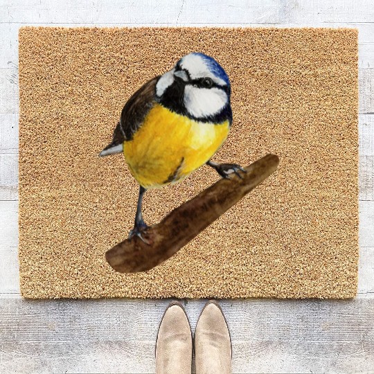 Blue tit titmouse hand painted watercolor. Coir Doormats