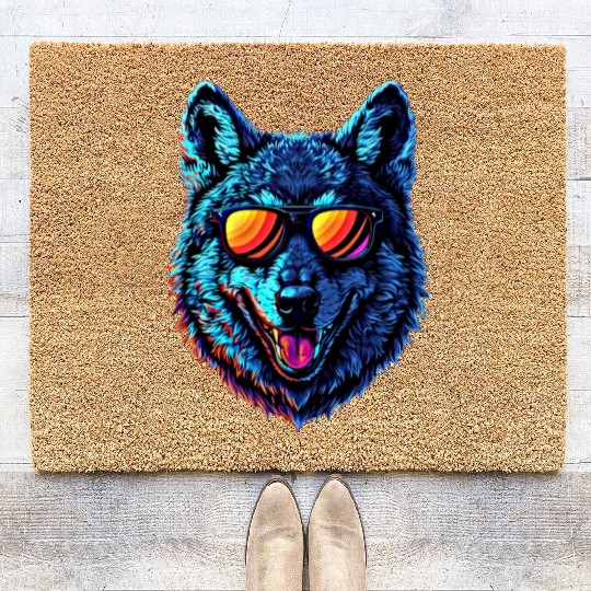 Cool Wolf Face Blue Wolf Wearing Sunglasses Coir Doormats