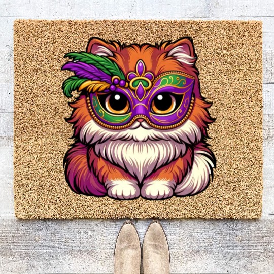 Mardi Gras Persian Cat, Dressed-up Cat Coir Doormats