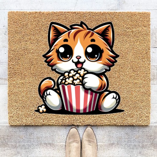 Cinema Cat, Cute Tomcat with Popcorn Coir Doormats