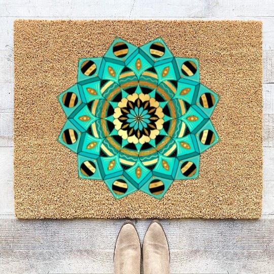Mandala blue gold black with hearts Coir Doormats