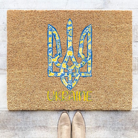Ukraine trident in Ukrainian flag colors Coir Doormats