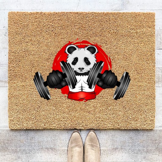 Bodybuilder panda bear with barbell in gym patch Coir Doormats