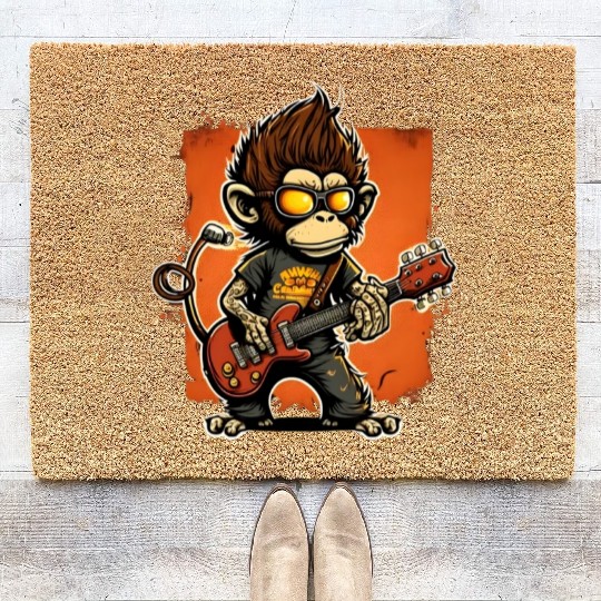 Monkey Chimpanzee Playing Acousitc Rock Guitar Coir Doormats