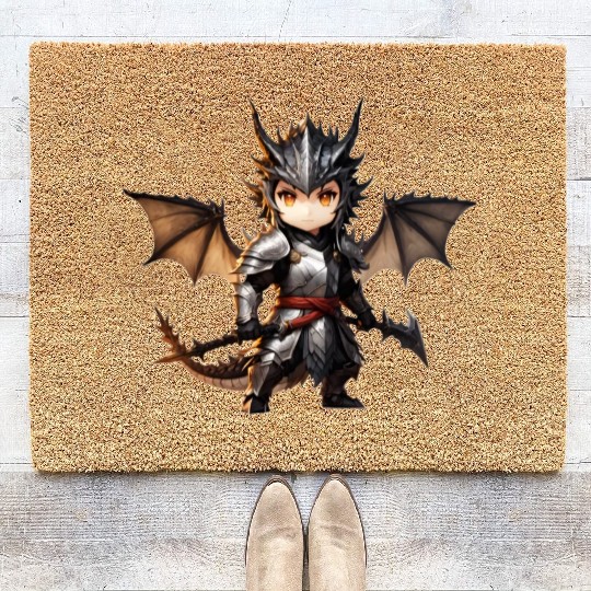 Chibi dragonwarrior Front Pose in Full armor Coir Doormats