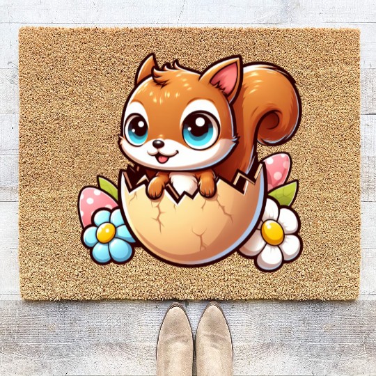 Cute Squirrel with Easter Egg Comic Design Coir Doormats