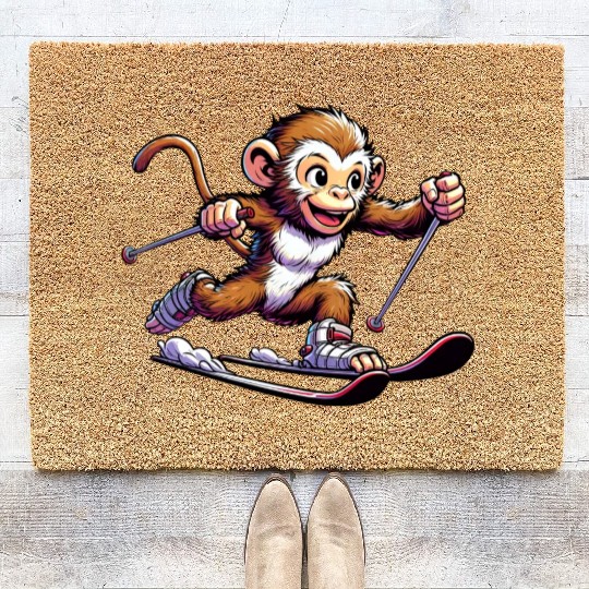 Monkey Chimpanzee Skier Winter Vacation Design Coir Doormats