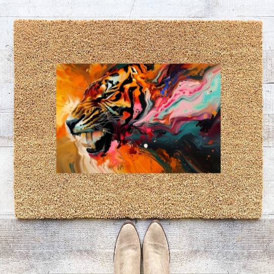 Tiger On Abstract Colorful Background Wall Art Coir Doormats