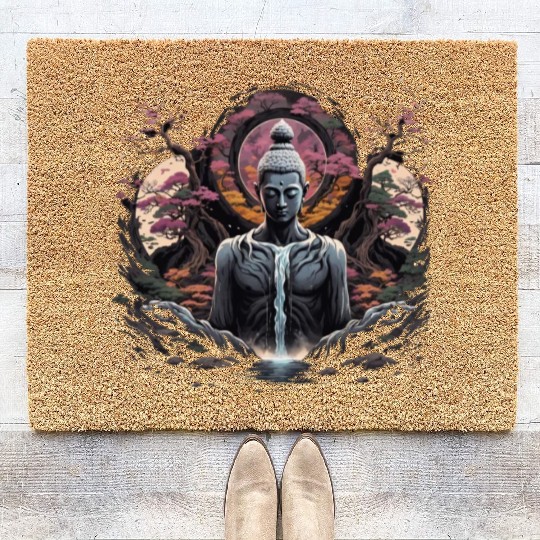Buddha's Serenity: Cherry Blossom Waterfall Coir Doormats