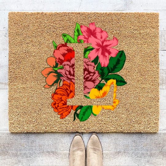 Capital letter L monogram with peony, lily flowers Coir Doormats