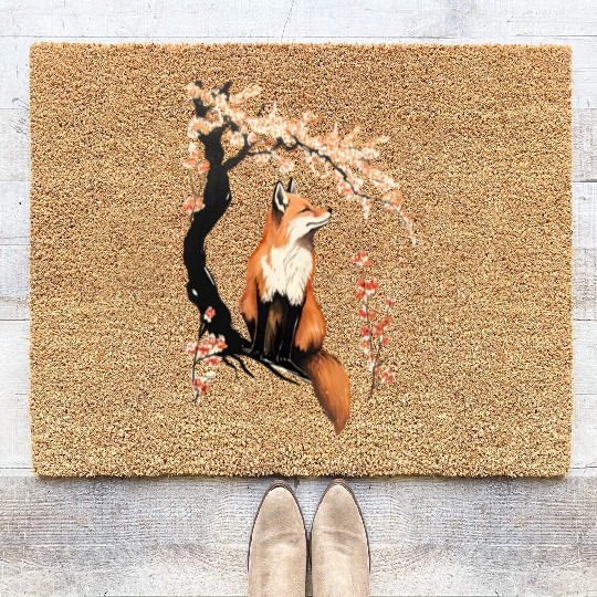 Fox & Sakura: Wildlife and Spring Scenery Cherry Coir Doormats