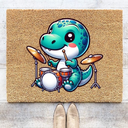 Cute Dinosaur Drummer Cool Design Coir Doormats