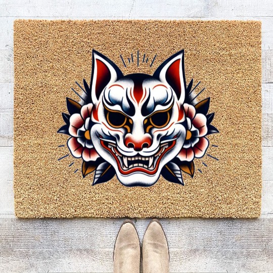 AI Japanese Kabuki Fox Mask Design Coir Doormats