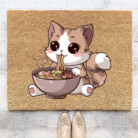 Kawaii Cat Eating Ramen Coir Doormats