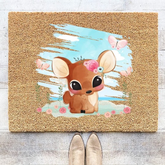 Funny Deer Sitting On Sand At The Beach Coir Doormats