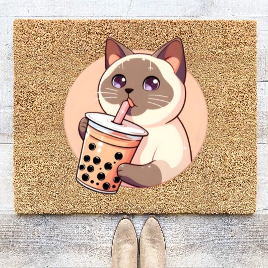 Siamese cat having bubble tea Coir Doormats