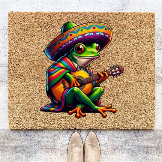 Cinco de Mayo Frog Mariachi Guitar Coir Doormats