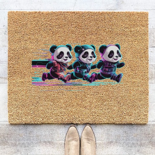 funny panda running with a joyful Coir Doormats