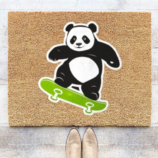Cute Panda Skater Green Coir Doormats