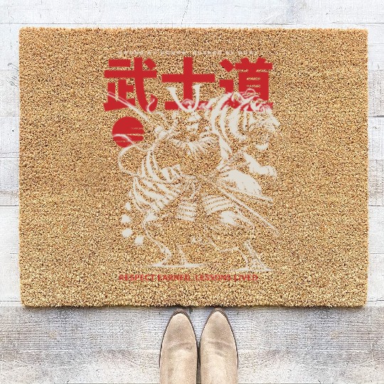 Japanese Samurai with Katana, Kanji Typography Coir Doormats