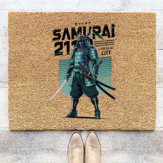 Cyber Samurai 2110: Glowing Katana Warrior Coir Doormats