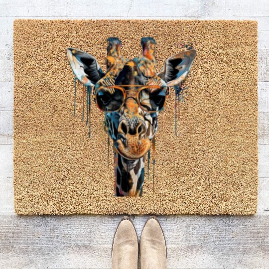 Cool Sunglasses Giraffe Covered In Rainbow Paint Coir Doormats
