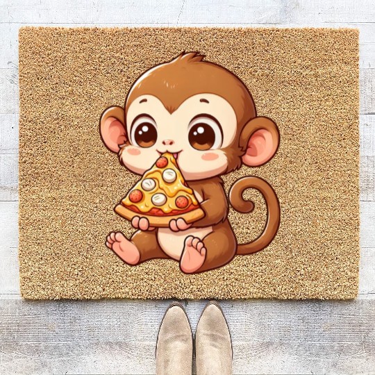 Funny monkey loves pizza humorous chimpanzee Coir Doormats