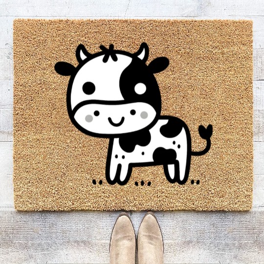 Friendly Stick Figure Cow - Black & White Coir Doormats