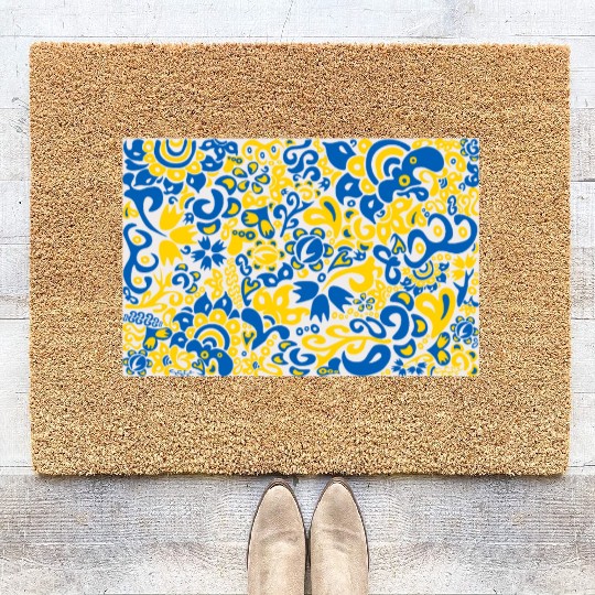 Ukrainian flag colors on floral folklore pattern Coir Doormats