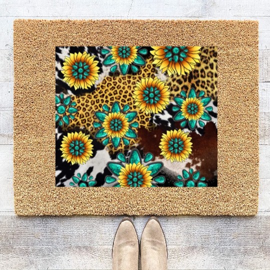 Turquoise Gemstone Sunflowers Leopard Cowhide Coir Doormats