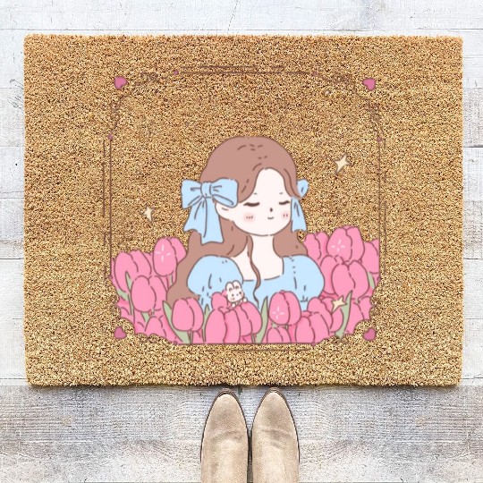 girl and tulips Coir Doormats