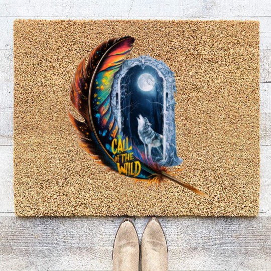 Glowing feather with wolf howling at the moon Coir Doormats