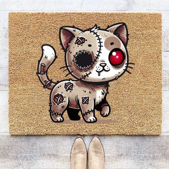 scary zombie kawaii cat for halloween fun Coir Doormats