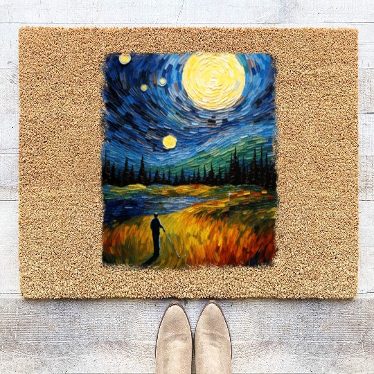 Golf Player Golfer Golfing Starry Night Painting Coir Doormats
