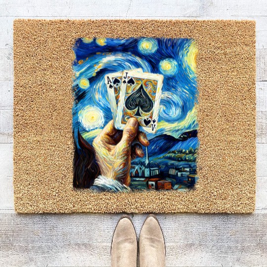 Blackjack Gambling Cards Starry Night Painting Coir Doormats