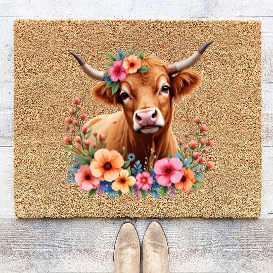 Cute Scottish Highland Cow Floral Coir Doormats