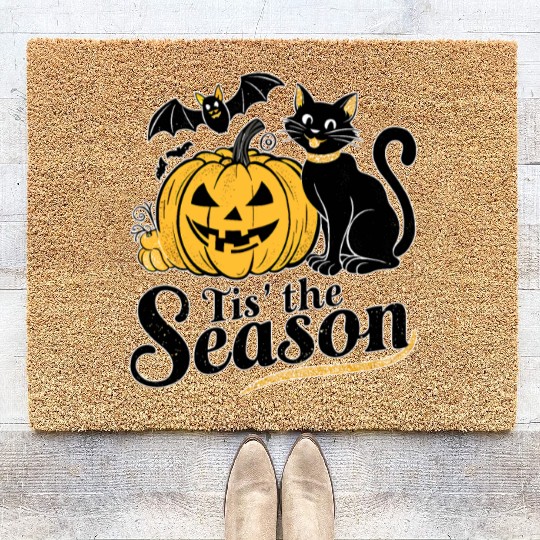 Tis the season Halloween bats pumpkin fall funny Coir Doormats