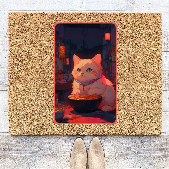Anime Cute Cat Eating Ramen Coir Doormats